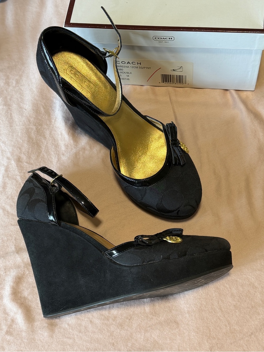 COACH Black Wedge Sandals with Gold Insole and Bow Charm